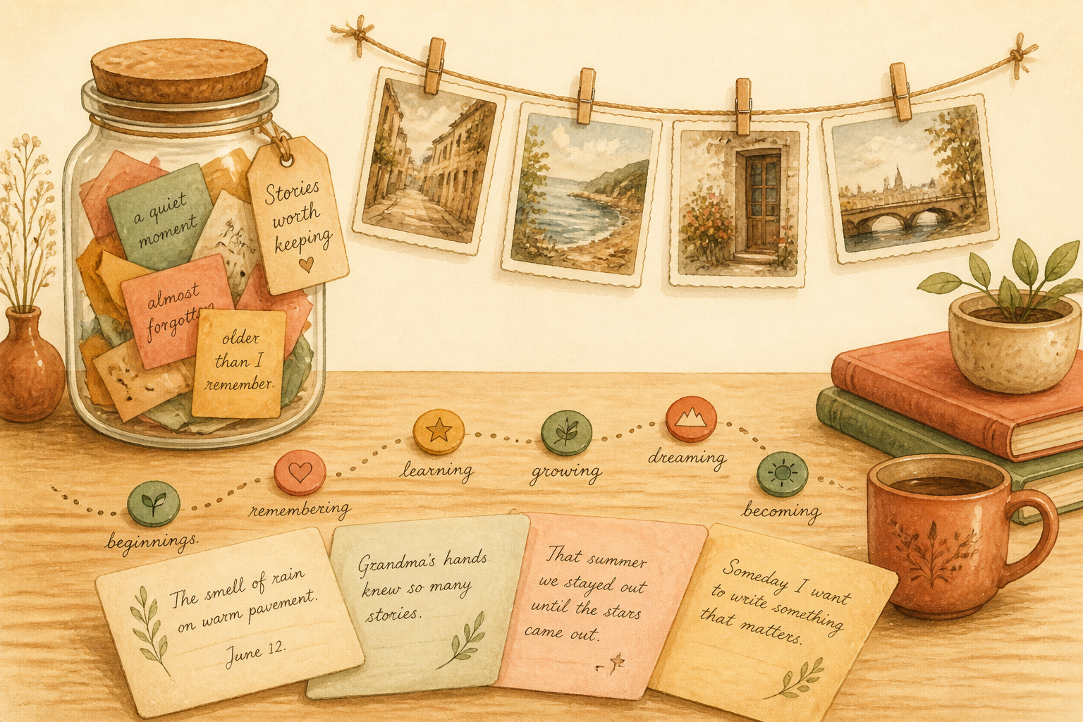 A watercolor writing table with a jar of folded memory notes, small photographs on a string, a path of milestone markers, and handwritten story cards